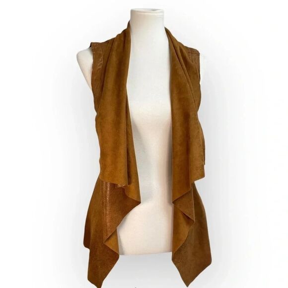 Comme USA Faux Suede Leather Vest, small. Belt tie wrap waterfall cowl brown tan - Picture 4 of 12